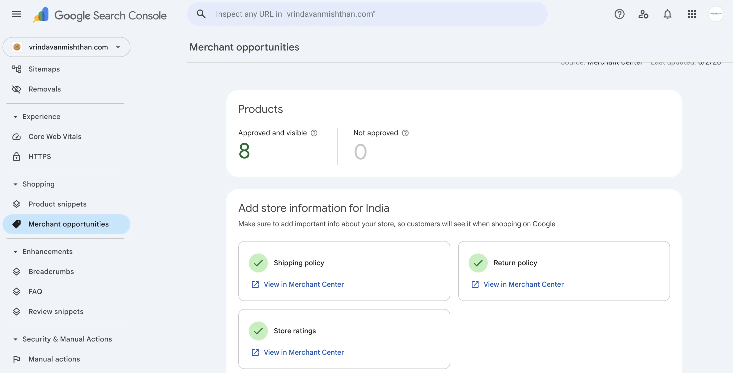 Google Merchant Center: 8 products approved and visible, shipping policy, return policy, and store ratings all verified