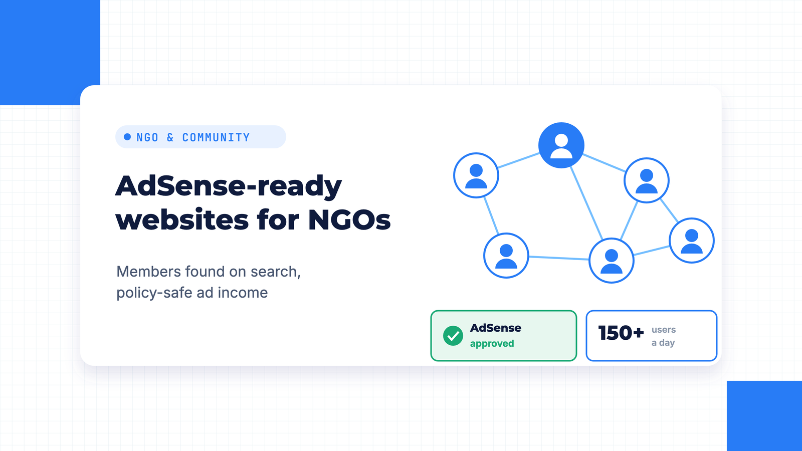 Illustration of a network of connected member icons with an AdSense approved badge and a card reading 150+ users a day