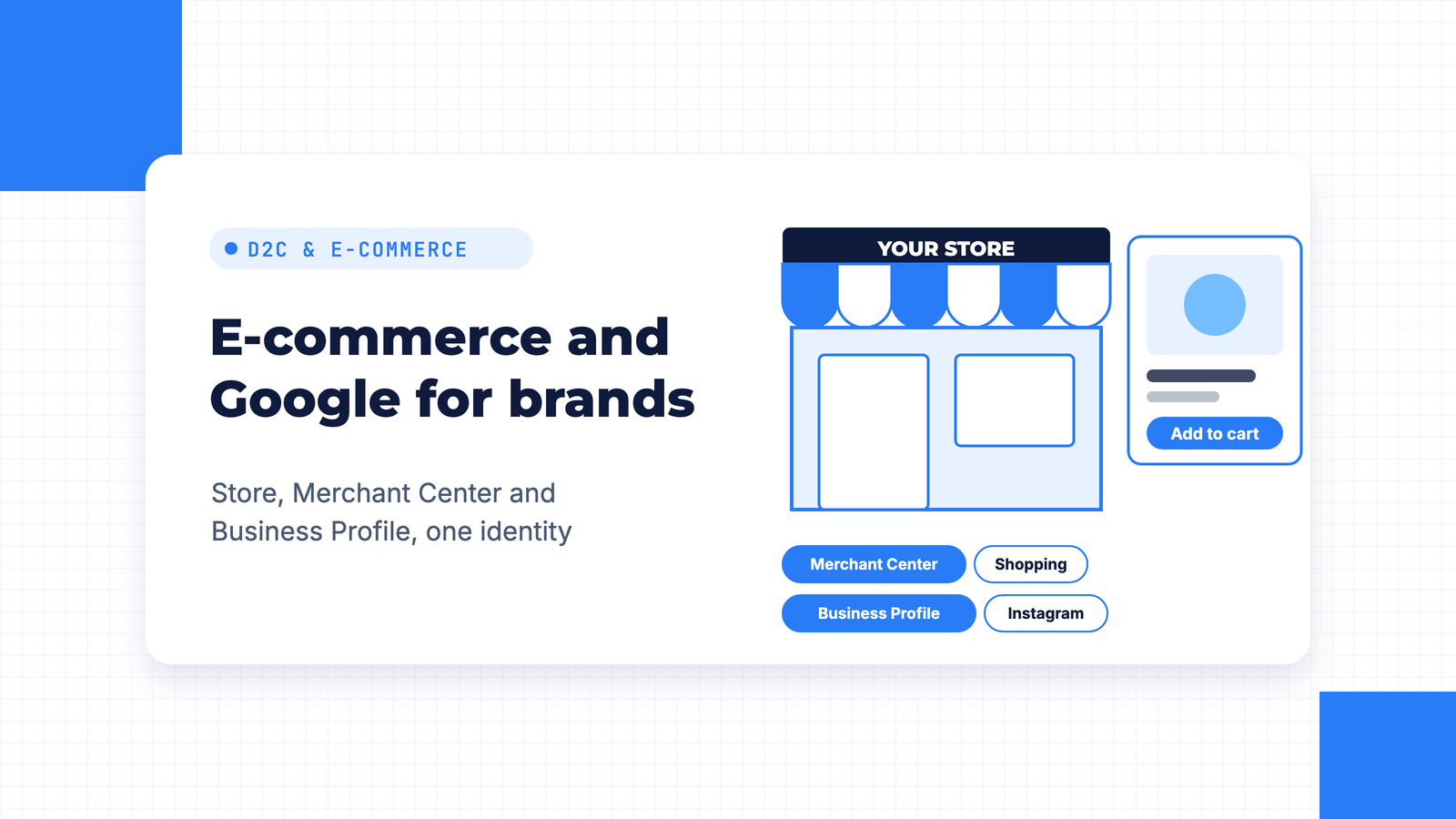 Illustration of an online storefront and product card with add to cart, beside Merchant Center, Shopping, Business Profile and Instagram channel chips