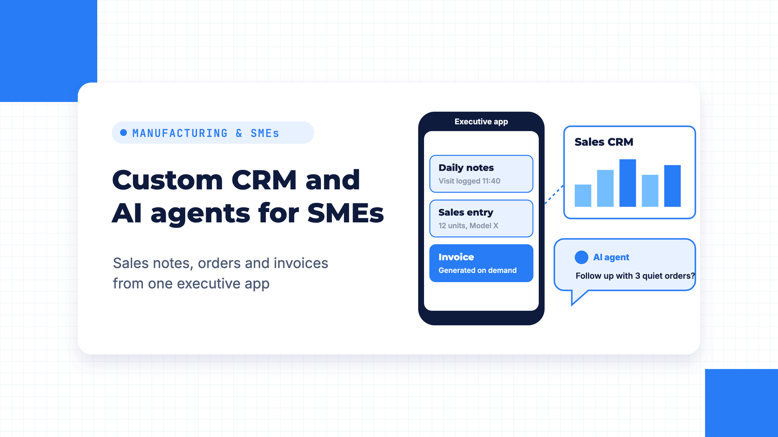 Illustration of an executive mobile app with daily notes, sales entry and invoice screens, linked to a sales CRM chart and an AI agent suggesting follow-ups