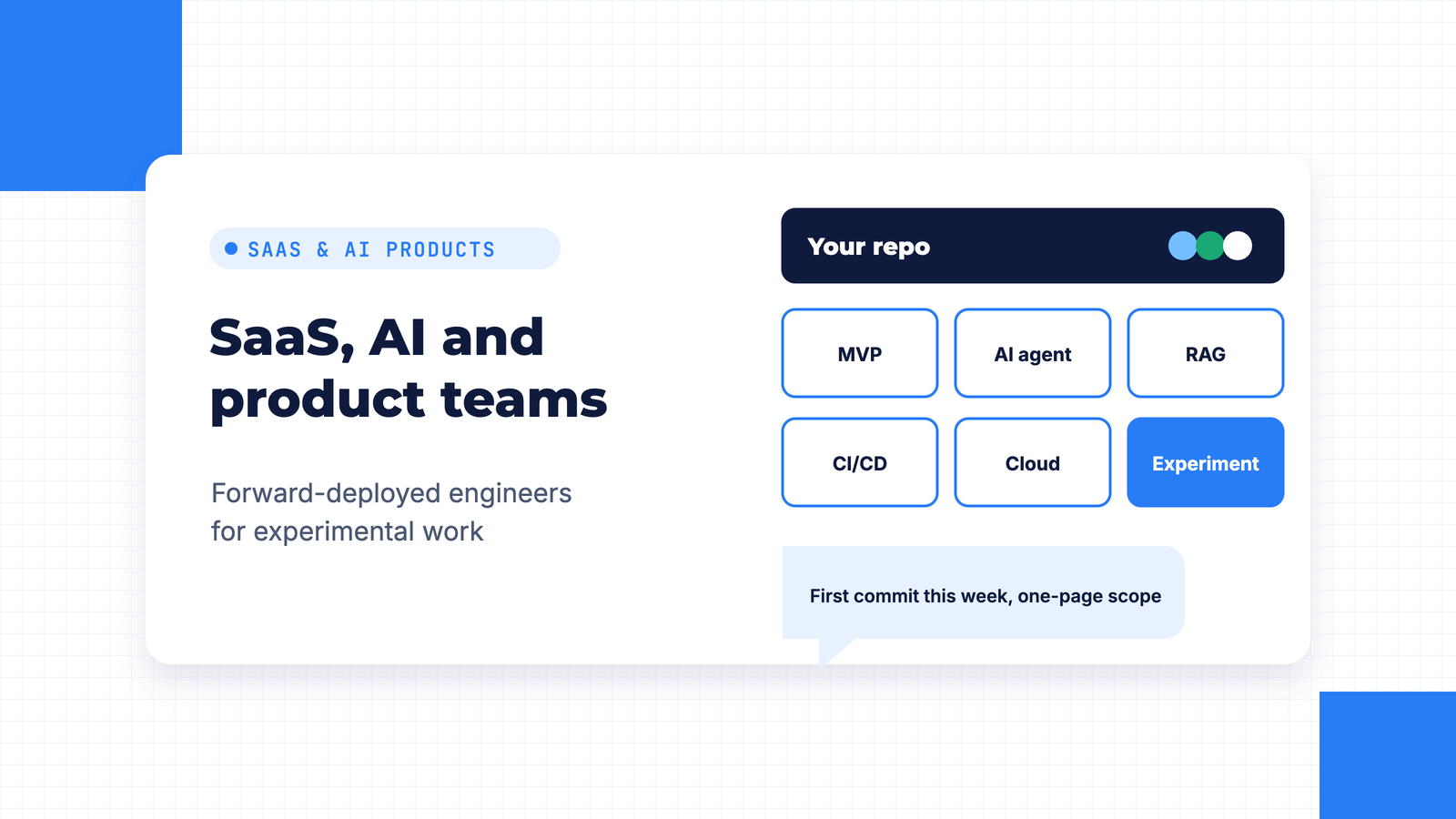 Illustration of a code repository with modules for MVP, AI agent, RAG, CI/CD, cloud and a highlighted experiment module