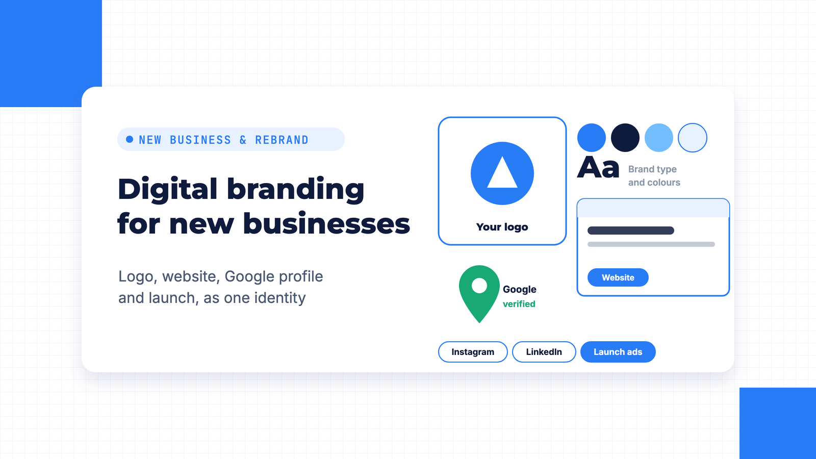 Illustration of a new brand kit with a logo, colour swatches and type, a website preview, a verified Google profile pin and launch channel chips